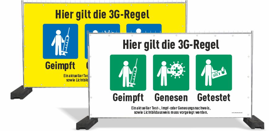 Hinweisbanner/Bauzaunplanen mit 2G/3G-Regeln
