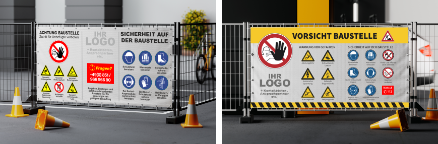 Sicherheits Bauzaunplane mit allen sicherheitsrelevanten Warn- und Gebotszeichen. Komplett individualiesier- und Veränderbar mit Ihrem eigenen Logo und Unternehmensdaten