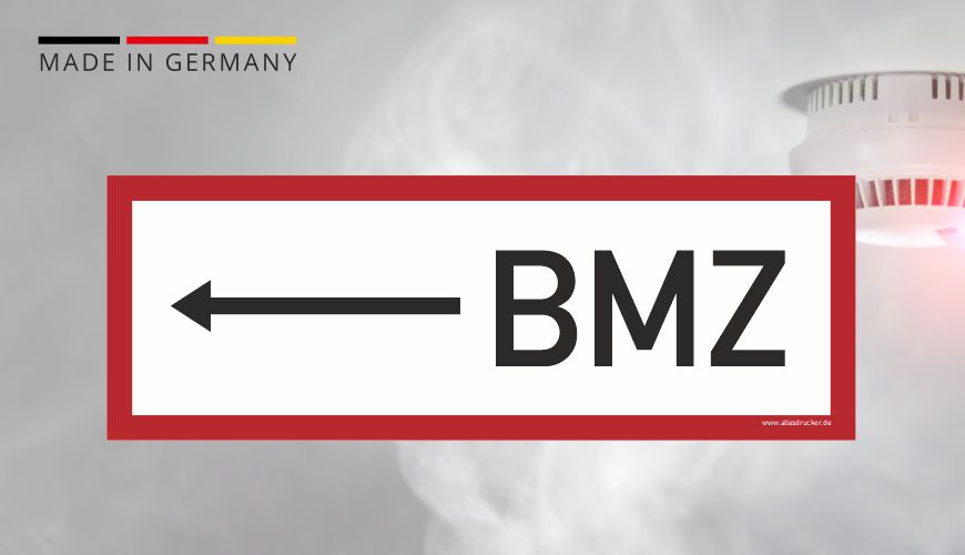 Brandschutzzeichen - BMZ (Brandmeldezentrale) mit Pfeil links - nach DIN EN 7010