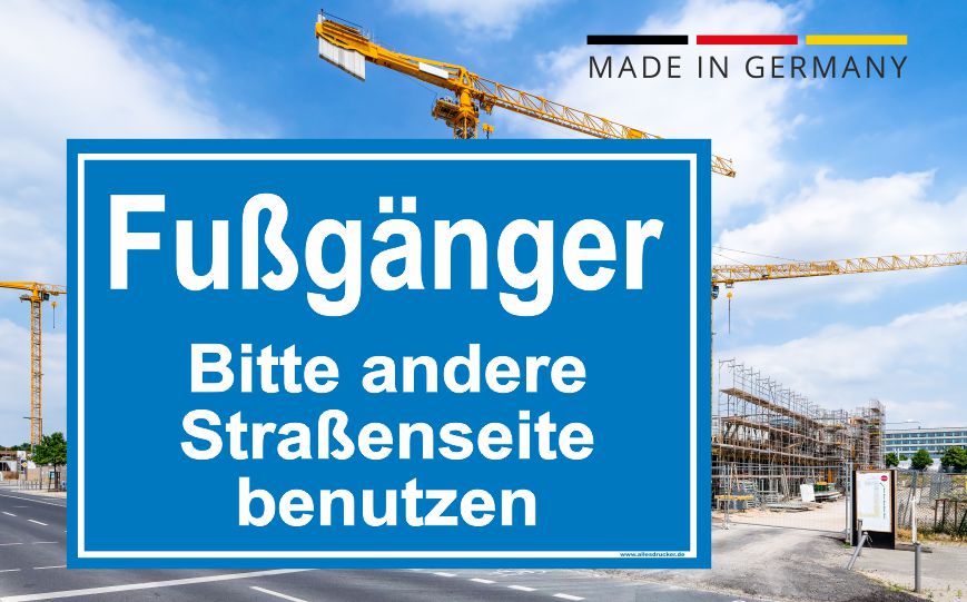 Fußgänger bitte andere Straßenseite benutzen. Schild für Baustellen