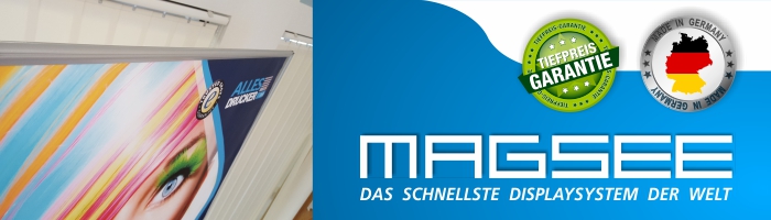 MAGSEE Displaysystem komplett bestehend aus Magsee Rahmen und Magsee Wechselbanner inklusive Druck