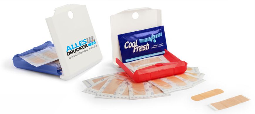 Werbe Pflasterbox mit unserem Logo samt Inhalt