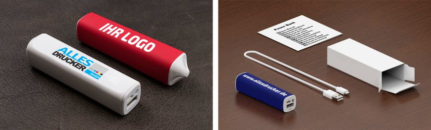 Verschiedene Powerbanks bedruckt mit Logo