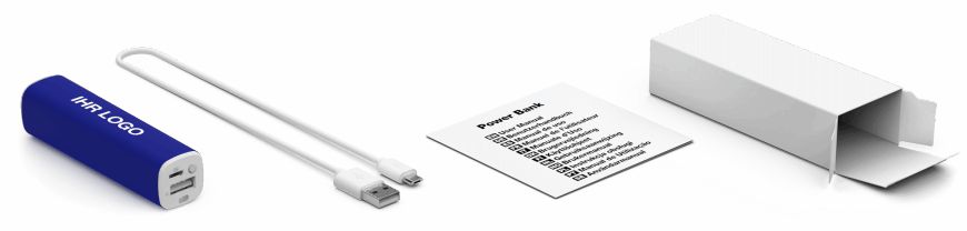 Lieferumfang unserer Powerbanks bedruckt - mit dabei ein Micro-USB Ladekabel, die Powerbank natürlich und ein kleines Handbuch