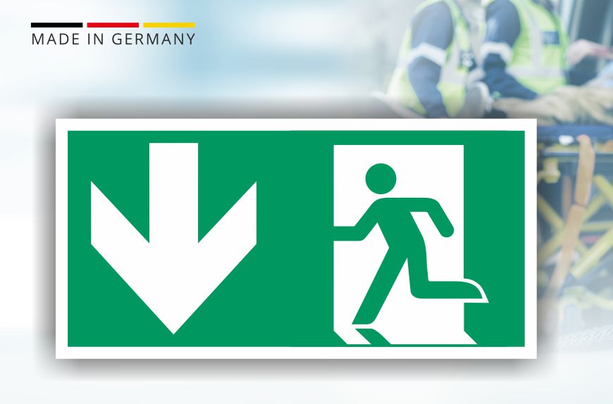 Rettungsschild - Fluchtweg unten mit Pfeil