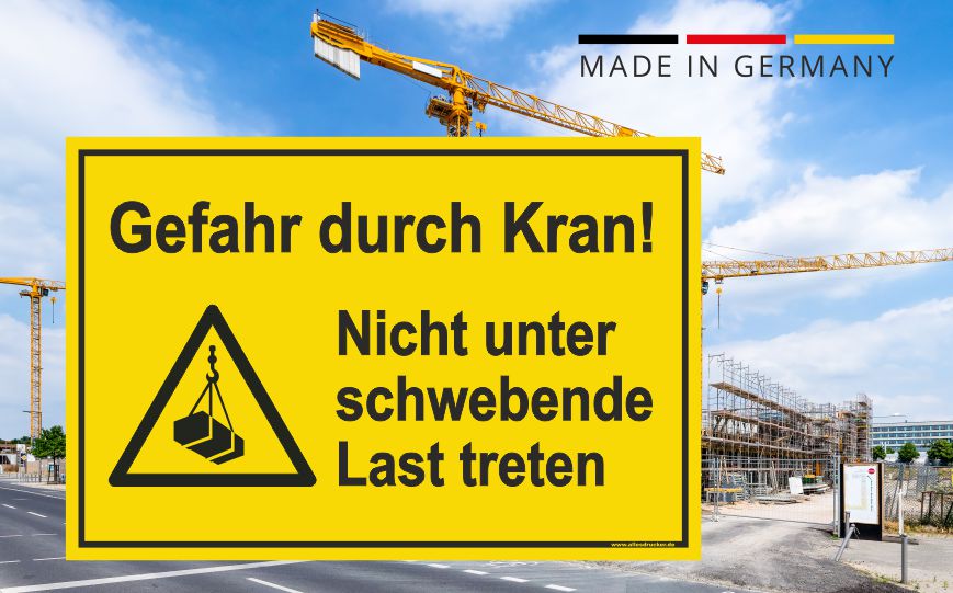 Gefahr durch Kran. Nicht unter schwebende Last treten. Schild für Baustellen