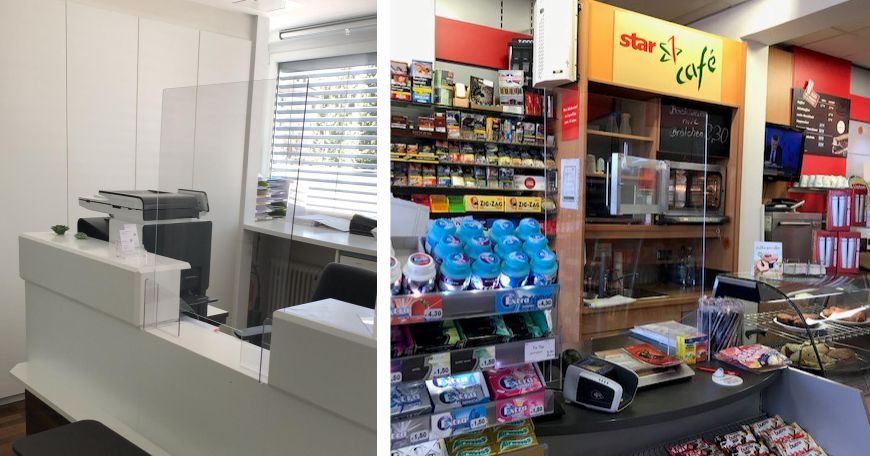 Corona Spuckschutz Plexiglas in einer Arztpraxis und auf einer Tankstellenkasse