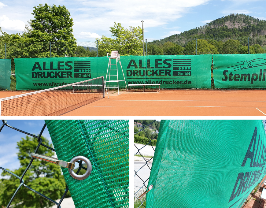 Karabinerhaken für Tennisblende Tennisblende bedruckt mit dem Allesdrucker Logo