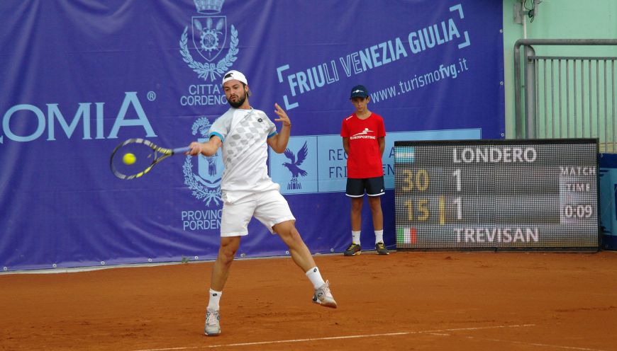 Bedruckte Tennisblende im Hintergrund eines Tennisspielers