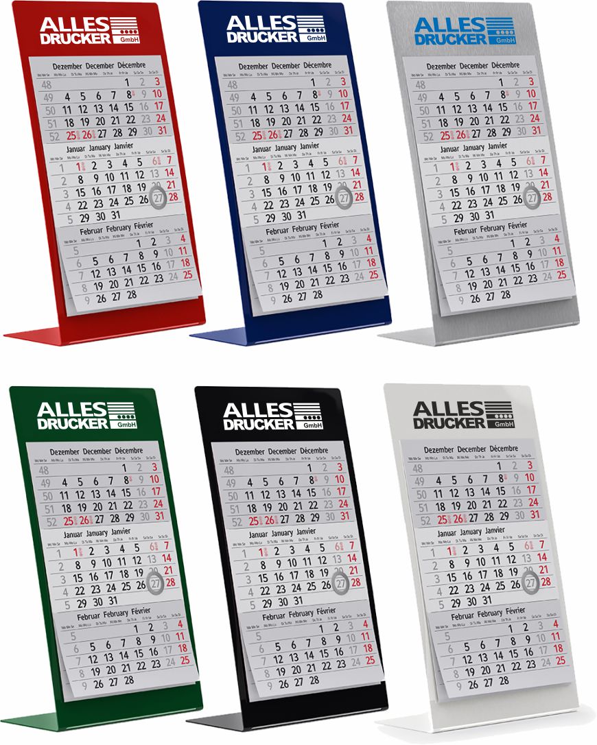Die sechs Farbvarianten der Tischkalender Aufsteller bedruckt mit dem Allesdrucker Logo
