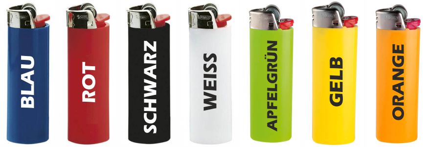 Die sieben Farbvarianten der BIC Werbefeuerzeuge